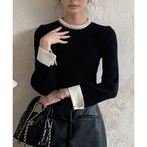 Commense Pearl Collar Ribbed Sweater Black Long Sleeve Blouse Size Large